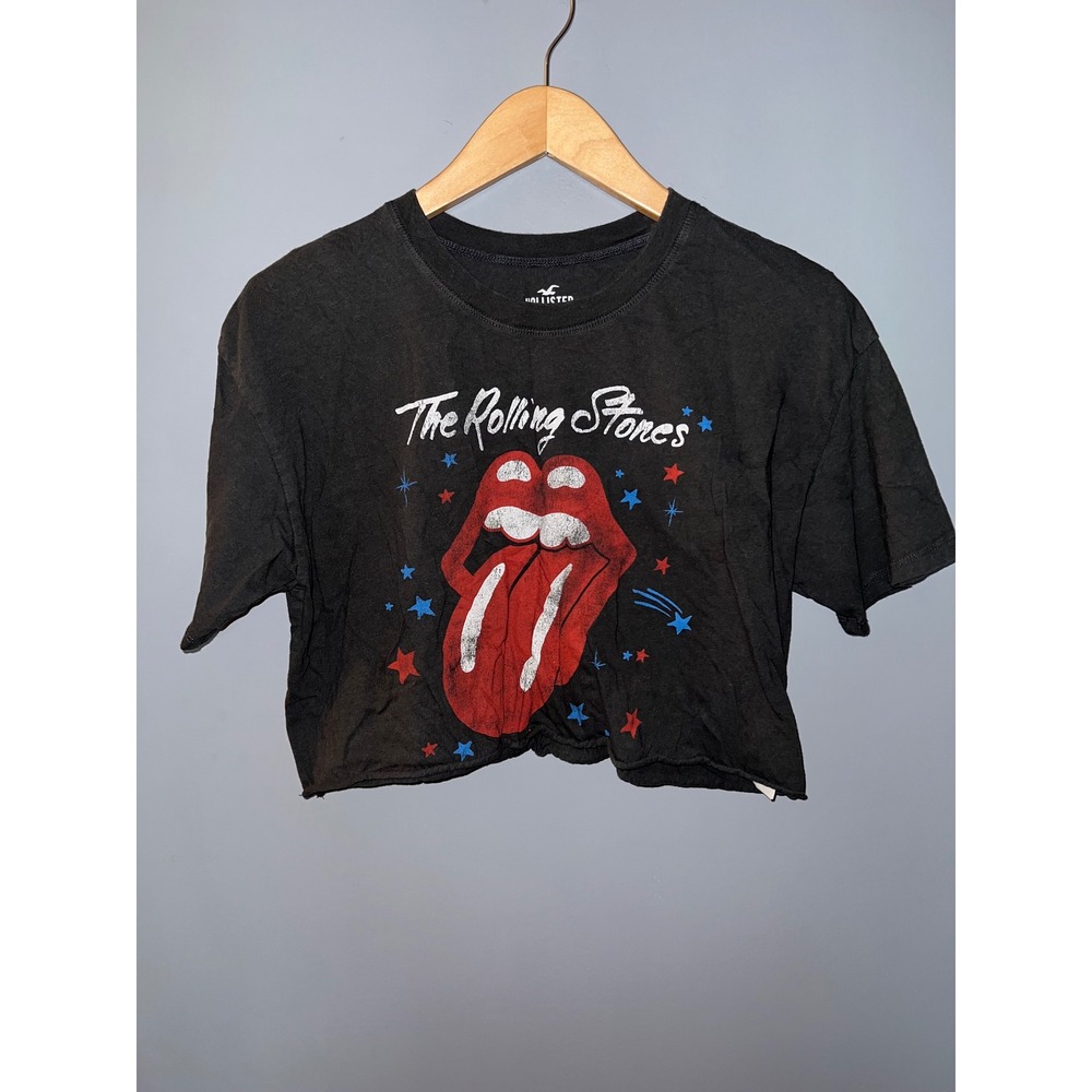 Hollister The Rolling Stones Graphic Cropped Tee Black Cotton Small Band Shirt